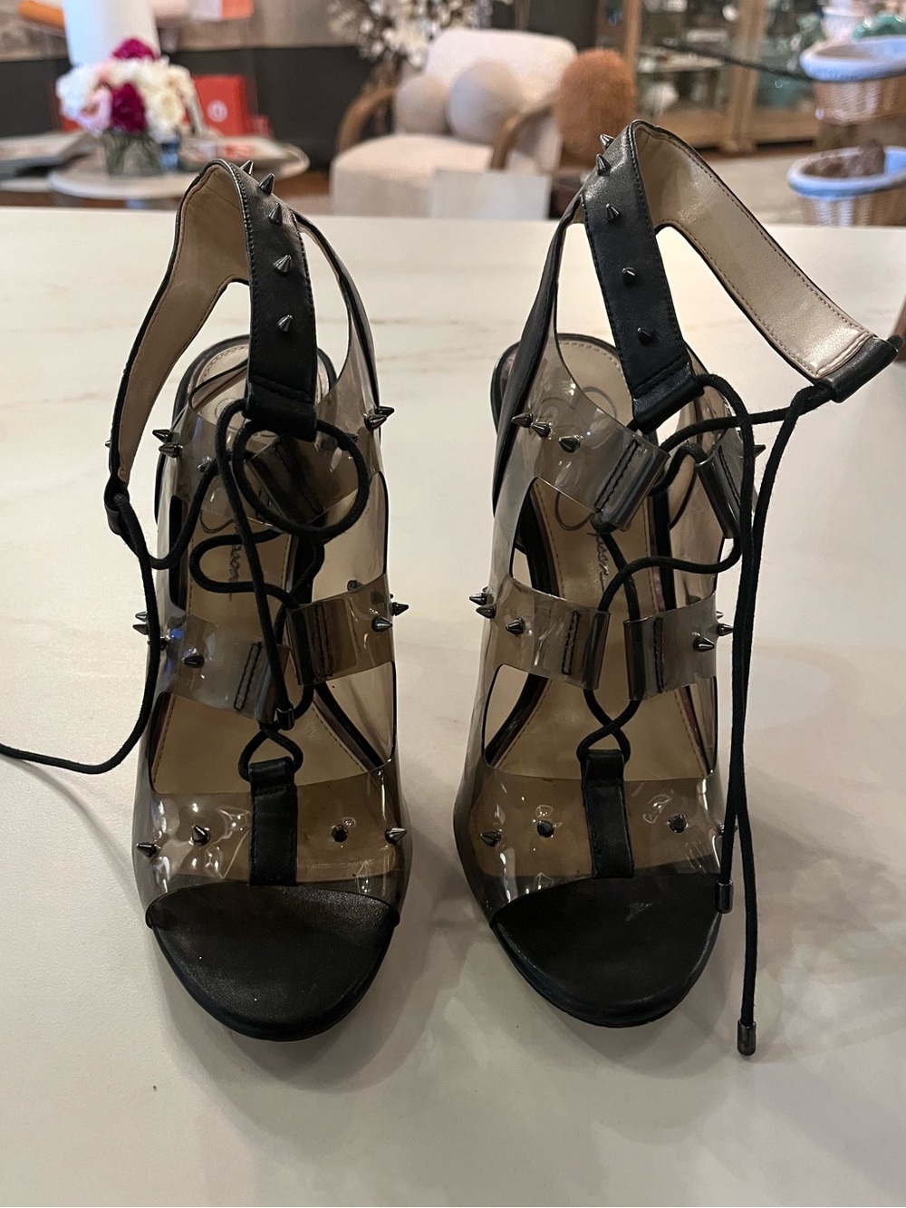 Jessica Simpson Clear Lace-Up High Heel Sandals for Women - Black